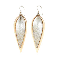 Metallic Leather Earrings - White + Silver Double Leather Leaf